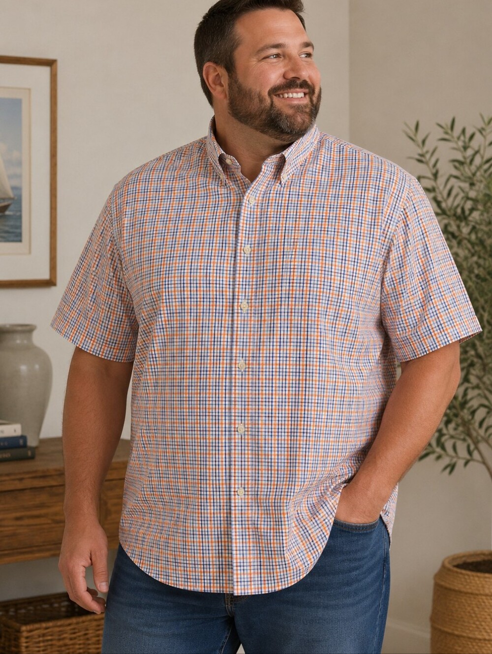 Brooks Brothers Men’s XXL Blue Orange Plaid Button Down Shirt Short Sleeves